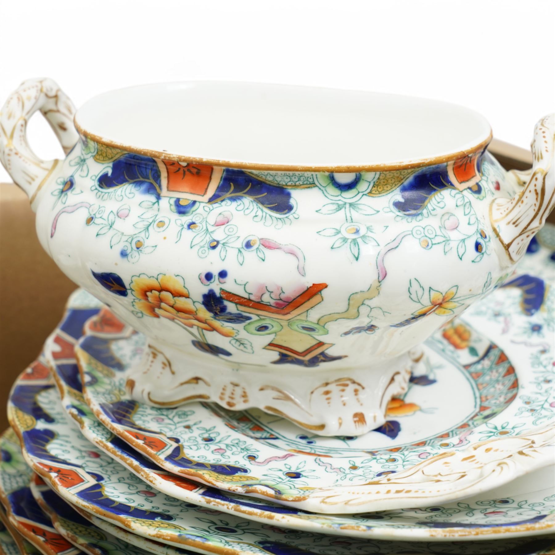 19th century Ironstone part dinner service, four Wedgwood leaf pattern plates, three 19th century coffee cans and other items