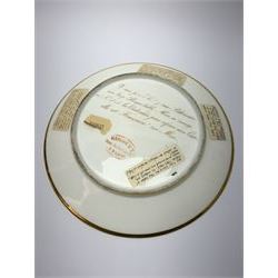 19th century Rihouet Paris porcelain cabinet plate, decorated with a central panel illustrating three French soldiers around a bottle laden table, one surveying a note, within a dark blue gilt detailed border, with French inscription verso, and red printed mark Rihouet Rue de la Paix A Paris and green fish mark, possibly for Perche, D23cm 



