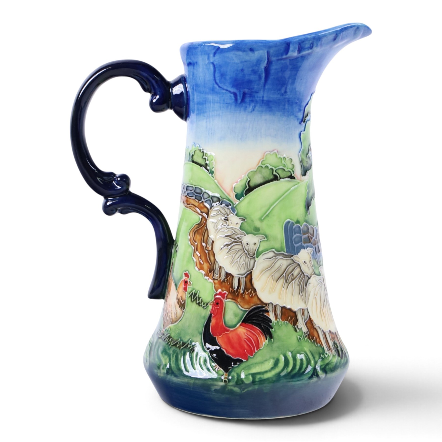 Five pieces Old Tupton Ware Farmyard pattern, comprising three vases, jug and teapot, largest vase H28cm