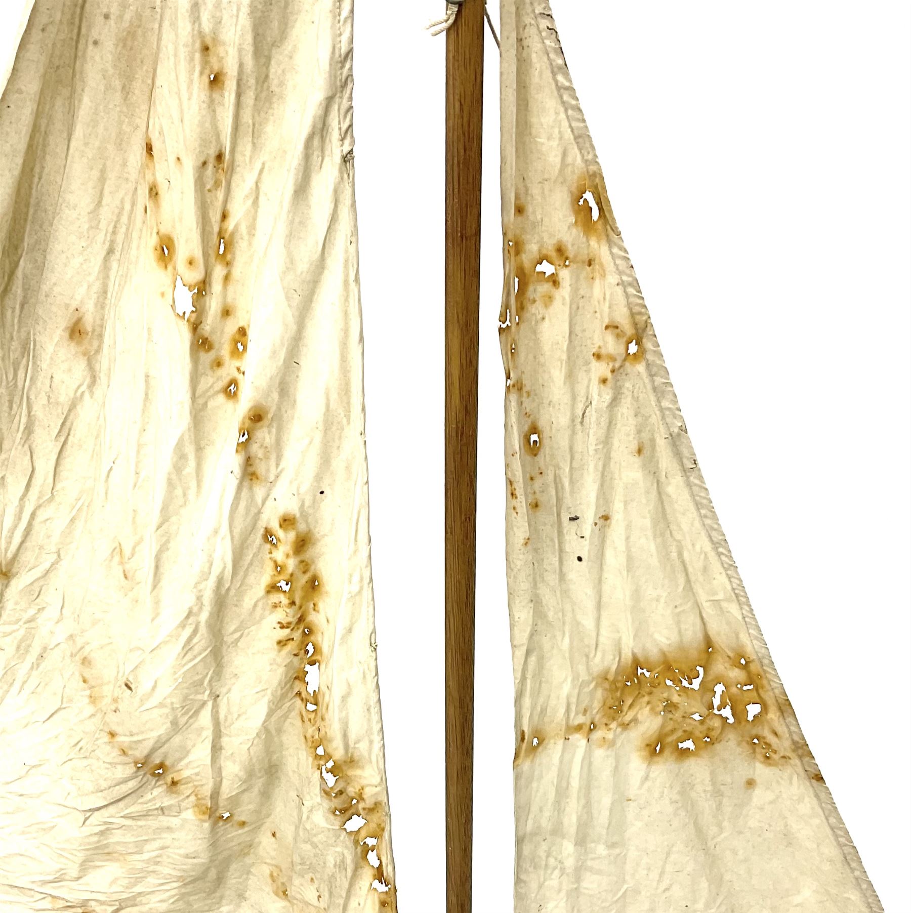 Large Victorian pond yacht, the planked hardwood hull with large lead weighted keel and working rudder, simulated planked deck and single mast with original sails; on later scratch-built wooden stand L117cm H151cm