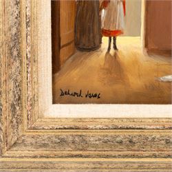 Deborah Jones (British 1921-2012): Bedroom Interior with Mischievous Cats, oil on board signed 19cm x 26cm