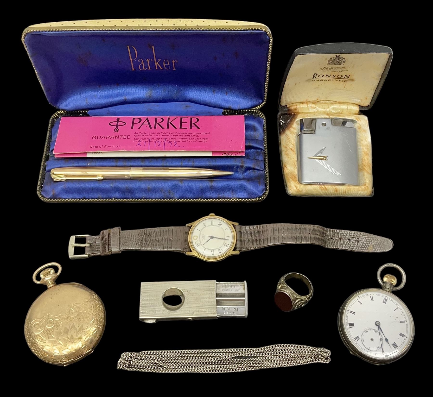 Gold plated Admiral full hunter pocket watch, together with a silver open face pocket watch, carnelian signet ring, Timex wristwatch, rolled gold Parker propelling pencil, Ronson Varaflame lighter and a plated cigar cutter