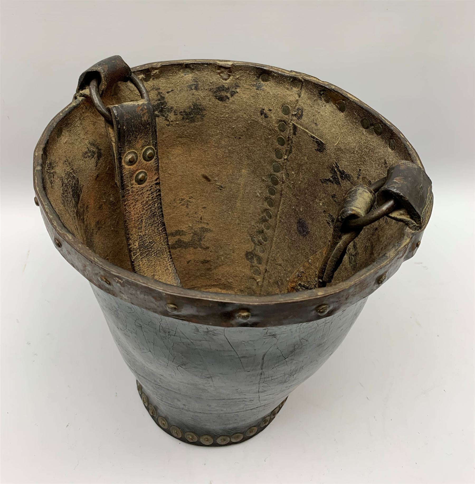 Victorian leather fire bucket with riveted detail and leather carry handle, not including handle H29cm D27.5cm