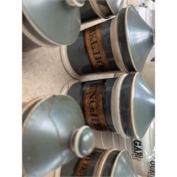 19th century sage green apothecary jars with gilt labels, four white ceramic kitchen jars and a stoneware flaggon marked Wheat Wine