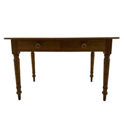 Victorian pitch pine rectangular table, two drawers