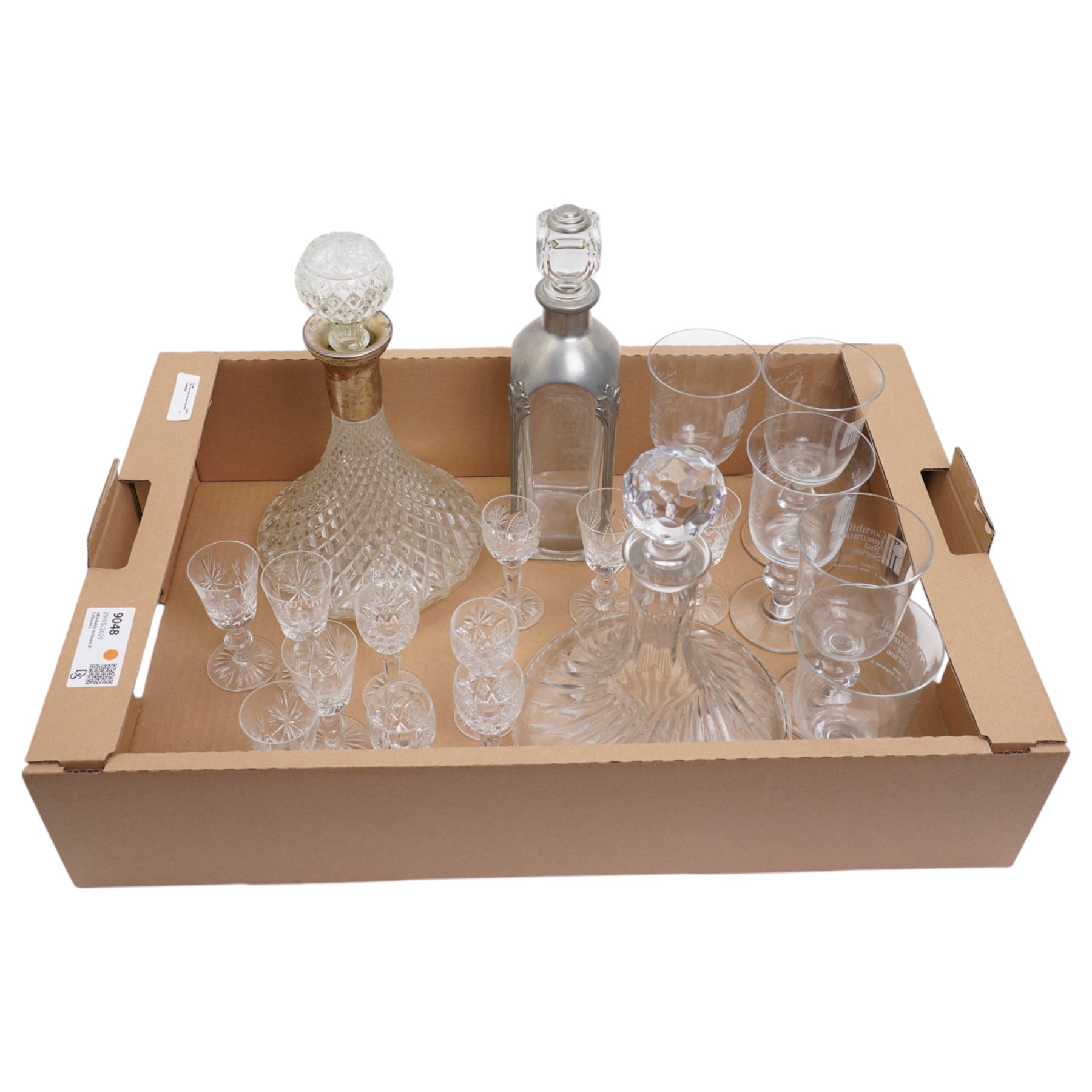 Five Cornhill Insurance Cricket Test Series commemorative glasses with etched signatures 1987-1991, two ships decanters and other glass