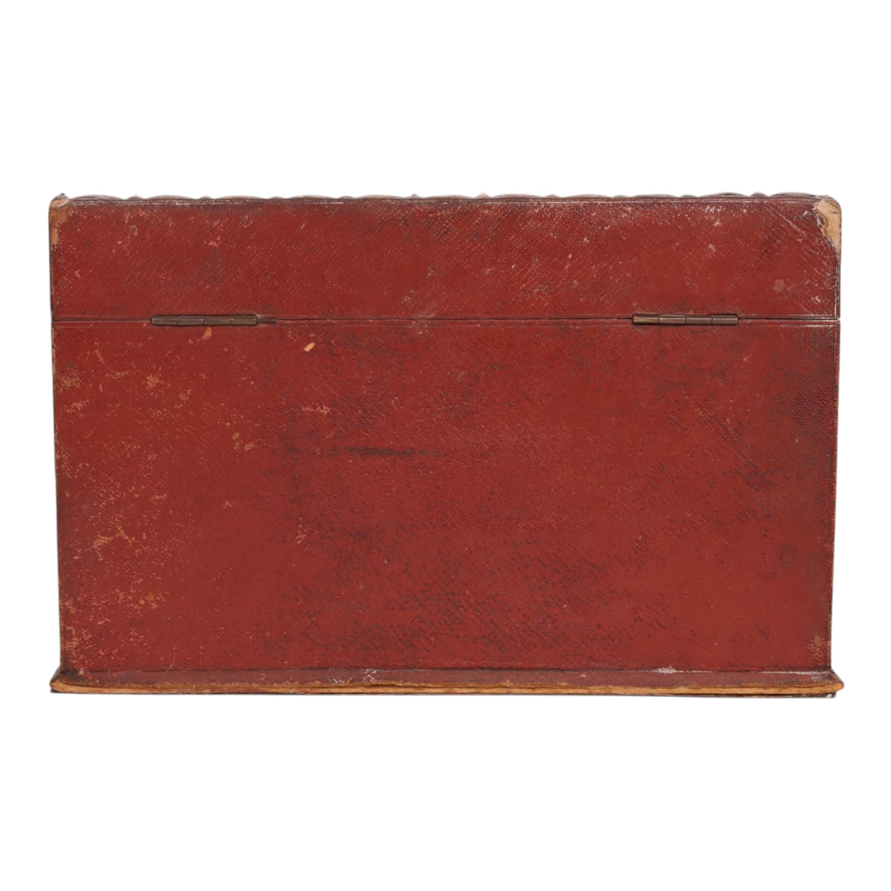 Victorian silver mounted leather stationary box, embossed with floral and scrolling decoration and engraved family crest to centre, hallmarked William Comyns & Sons, London 1877, H19cm, W29cm
