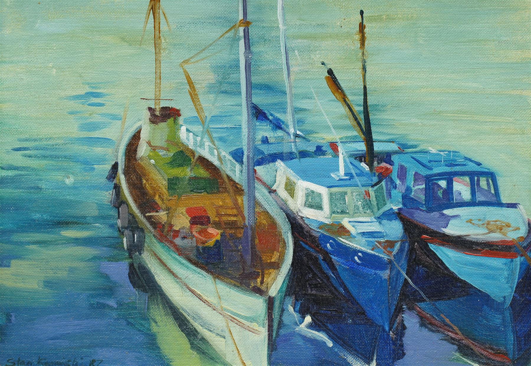 Stan Kaminski (British 1952-) 'Fishing Boats - Newlyn', oil on board signed and dated '87, 25cm x 35cm