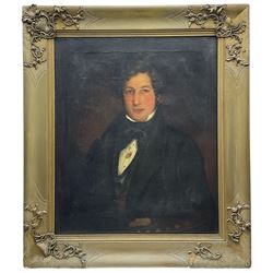 English School (Early 19th century): Half Length Portrait of a Regency Period Gentleman, oil on canvas unsigned, housed in moulded gilt frame with cartouche corners 75cm x 62cm 