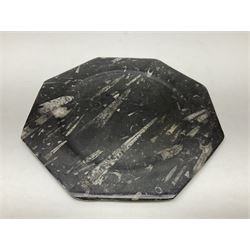 Four octagonal plates, each with Orthoceras and Goniatite inclusions, age: Devonian period, location: Morocco, D30cm
