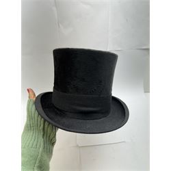 Akubra pure fur felt trilby hat, together with another trilby and two top hats, one by Woodrow and one by Dunn & Co