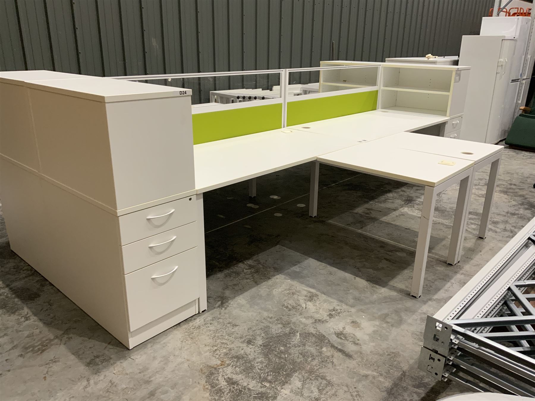 Modular two desk office system - comprising two desks, two returns, two filing drawer cabinets and one screen. Desk dimensions W160cm, D80cm, H73cm, pedestal dimensions W42cm, D80cm, H120cm - THIS LOT IS TO BE COLLECTED BY APPOINTMENT FROM DUGGLEBY STORAGE, GREAT HILL, EASTFIELD, SCARBOROUGH, YO11 3TX