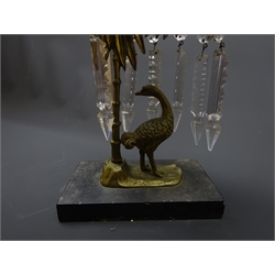  19th century gilt metal lustre candlestick, modelled as an Ostrich sheltering beneath a tree surrounded by eleven faceted glass drops, on rectangular marble plinth, L18cm x H30cm    