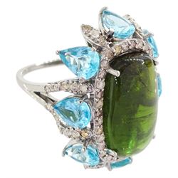 Silver tourmaline, diamond and apatite dress ring, the central cabochon green tourmaline, with round brilliant cut diamond and pear cut apatite surround, tourmaline approx 9.75 carat, total diamond weight approx 0.95 carat total apatite weight approx 5.10 carat