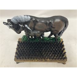 Cast iron horse and foal boot brush on wooden base, H25 cm