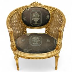 Louis XVI design tub armchair, studded upholstered padded back and seat with double cane s...