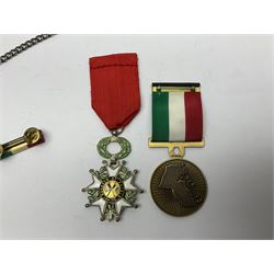 RAOB jewel Bourn Lodge 9394 with 25 years bar; two masonic jewels and triangular pendant watch; British Iron Cross style propaganda medallion; French Legion of Honour and Combatants Cross; and three foreign medals