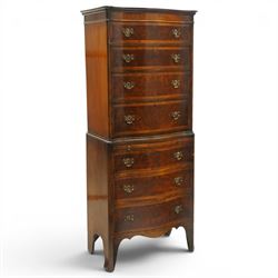 Queen Anne style burr walnut serpentine chest on chest, the upper chest with four graduating drawers with burr fronts and cross banded edges and pierced brass handles, the bottom chest with brushing slide above three graduated drawers, shaped lower apron on splayed feet 