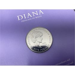 Eleven Queen Elizabeth II cupronickel five pound coins, in card folders or on cards