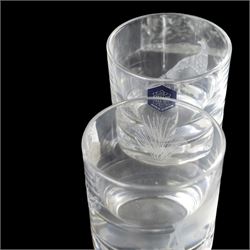 Four glass decanters with three silver labels for gin sherry and whisky, hallmarked Birmingham 1984, together with two Stuart Crystal vases and set of four Galloway glasses