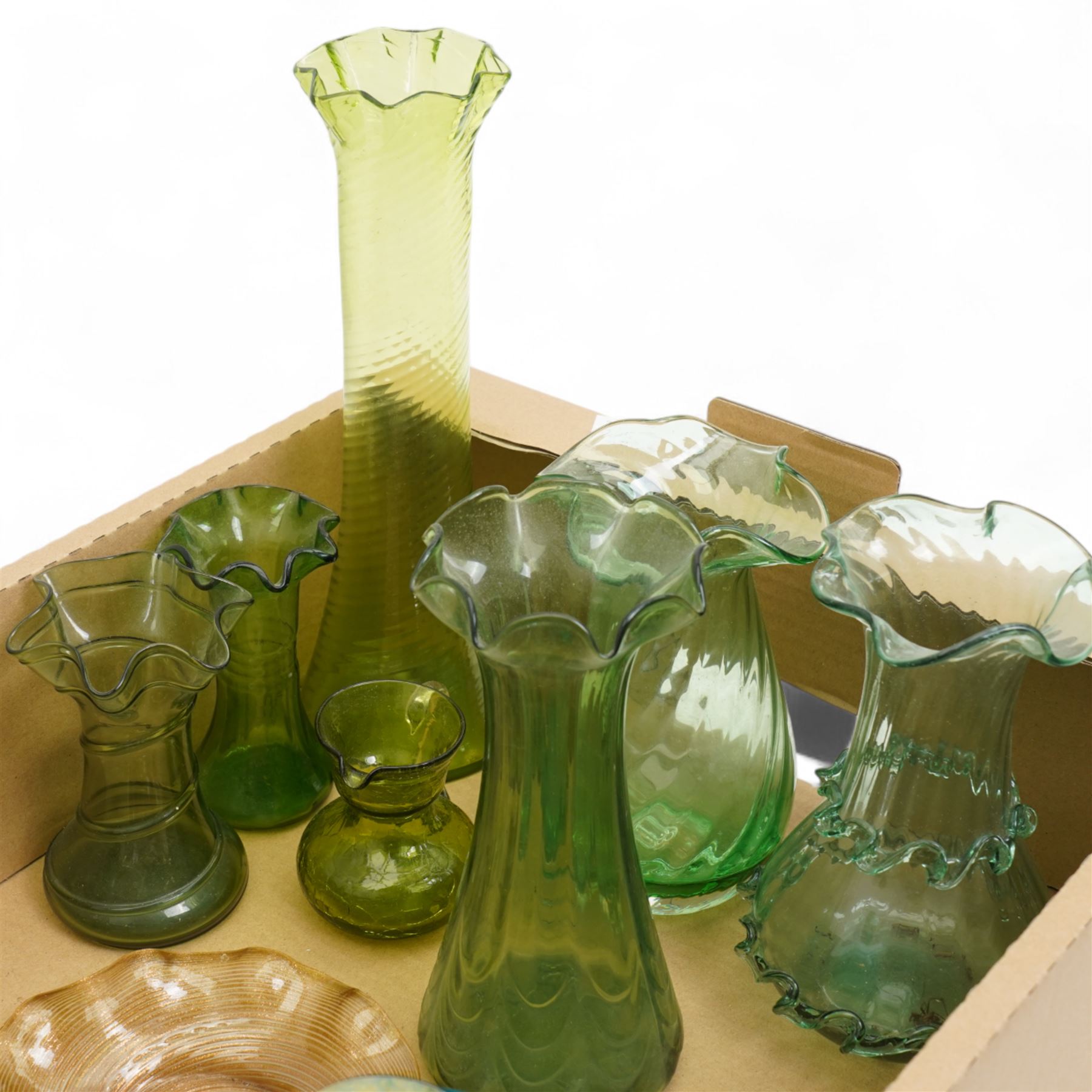 Collection of Victorian and later coloured glass, Murano example, glass horn and others