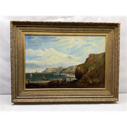 George Chambers Jnr. (British 1829-1878): Whitby from Upgang with Bathing Machines and Figures on the Beach, oil on canvas signed and dated '73, 59cm x 90cm