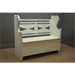  Pine hall bench, pierced back, with hinged seat encolising storage space, solid end supports, painted finish, W117cm, H105cm, D46cm  