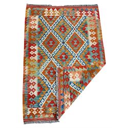 Chobi Kilim rug, orange ground with lozenge and geometric pattern
