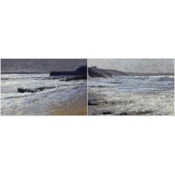 Andrew Barrowman (British Contemporary): Portleven Cornwall, pair oils on panel signed each 15cm x 26cm (framed as one)