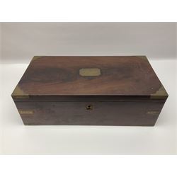 Mahogany tea caddy of sarcophagus form the hinged lid enclosing twin tea compartments, raised on bun feet, together with two brass bound correspondence boxes, tea caddy H22cm