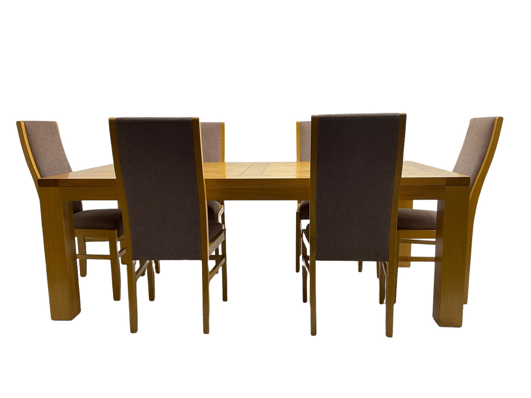 Large pippy oak rectangular dining table, square block leg, and six high back upholstered chairs, retailed by Chapmans of Newcastle