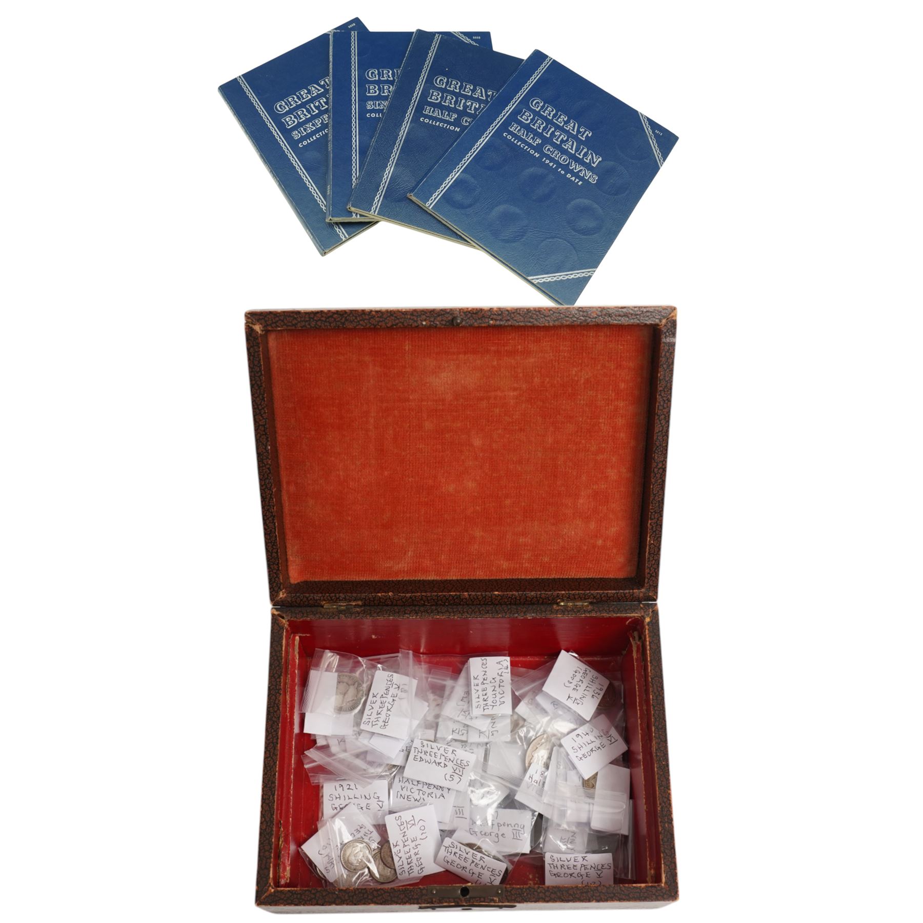 Collection of 18th century and later Great British coins, including 1797 cartwheel two pence, 1797 cartwheel one penny, William IV 1836 silver half crown, Queen Victoria 1890 silver half crown, eight silver shillings 1817-1914, nine silver shillings 1921-1945, collection of silver threepences, and further copper coins