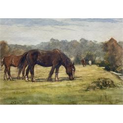 James William Booth (Staithes Group 1867-1953): Horses Grazing at ‘Wrench Green’ near Scarborough, watercolour signed, titled verso 24cm x 34cm