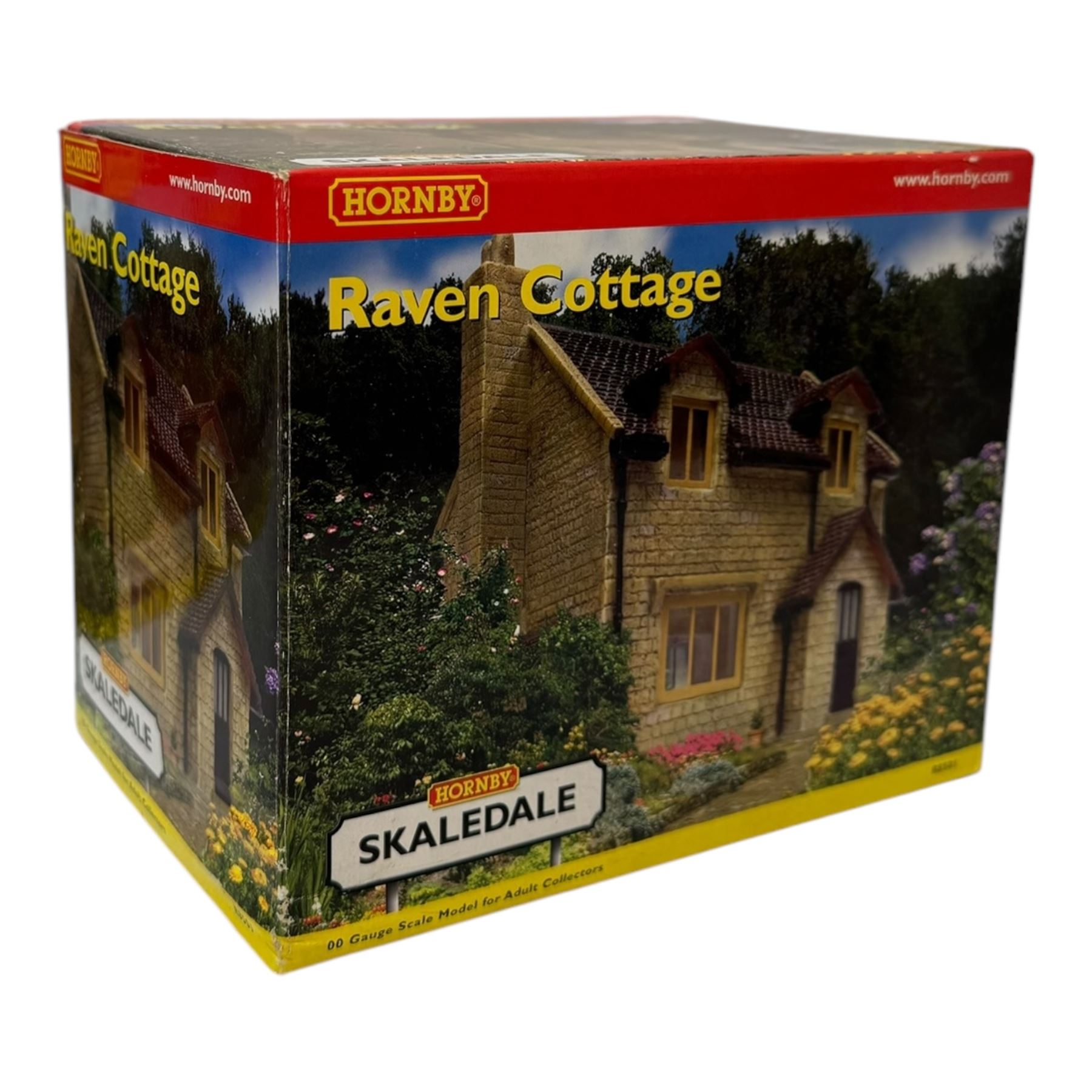 Ten Hornby '00' gauge Skaledale buildings, comprising two R8744 Straight Walls, R8564 Model Shop, R9768 The Pharmacy, R8501 Raven Cottage, R8515 Clovelly Cottage, R8626 Country Fire Station, R8588 Weighbridge & Scales, R8638 Platform & Shelter and R9763 Off Your Head Barbers Shop, all boxed