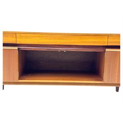 Younger - 1960s teak sideboard, three drawers over three cupboard, centre draw lined with baize with dividers, recessed handles with tapered feet