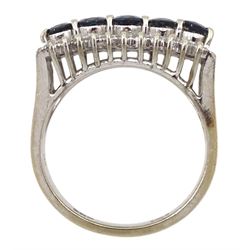 14ct white gold five stone oval sapphire ring with a row of diamonds set either side, stamped 585