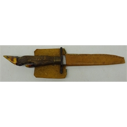  French Hunting Knife, 13cm single edge blade stamped A Orosdi Paris, with wire bound deers hoof handle, in later leather sheath, L27cm  