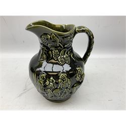 Three jardinières comprising West German Gerz example decorated in relief, Doulton Slaters example with frilled everted rim and a majolica example, and a further two Arthur Wood majolica jugs (5)