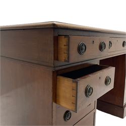 Howard & Sons. - 19th century walnut twin pedestal desk, moulded rectangular top with tooled leather inset, fitted with nine drawers with circular pressed brass handle plates decorated with urns, each drawer fitted with a 'Hobbs, London' lock, on plinth base, the upper right-hand drawer stamped 'Howard & Sons, Berners St.' and with paper label