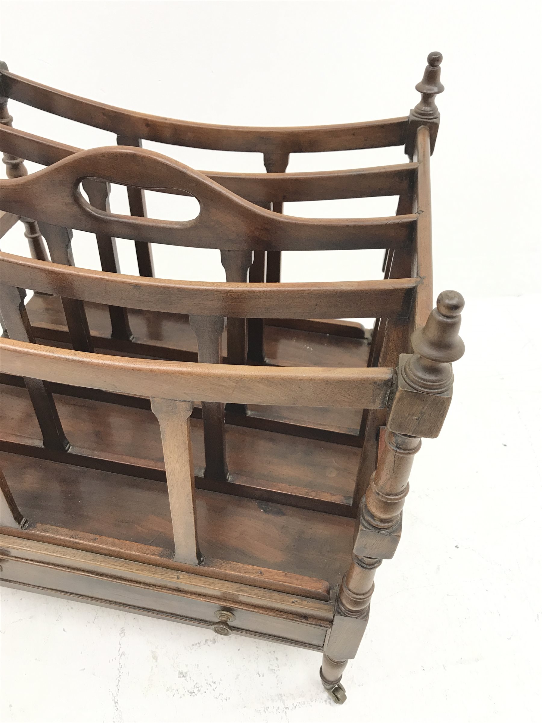 Reproduction mahogany Canterbury magazine rack, four divisions, with single drawer, W46cm, H53cm, D37cm