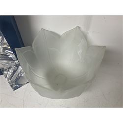 Late 20th century art glass, to include a Robert Held vase, of baluster form with iridescent swirl design, two frosted glass vases with peacock feather design on green and white ground, frosted glass tulip shaped bowl with smoke design and a Rogaska Crystal cobra candlestick, tallest vase 27cm