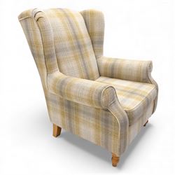 Next Home - 'Sherlock' hardwood framed wingback armchair, upholstered in pale green cheque...