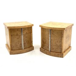 Pair Art Deco style figured maple bow front bedside cabinets, two drawers fitted with polished metal handles, W50cm, H54cm, D49cm