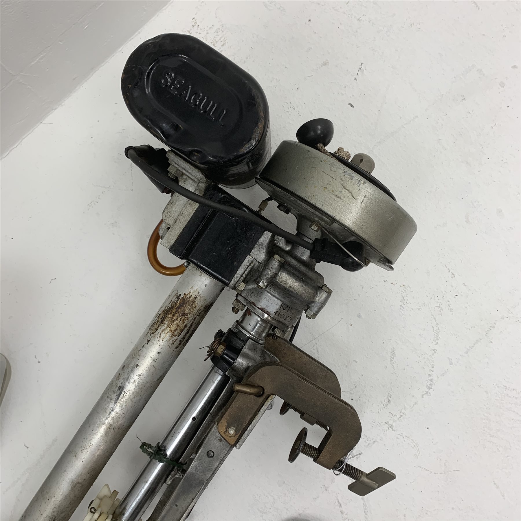 Seagull 1.5hp outboard motor, jetted for 125 oil mix, L78cm; together with a small size semi