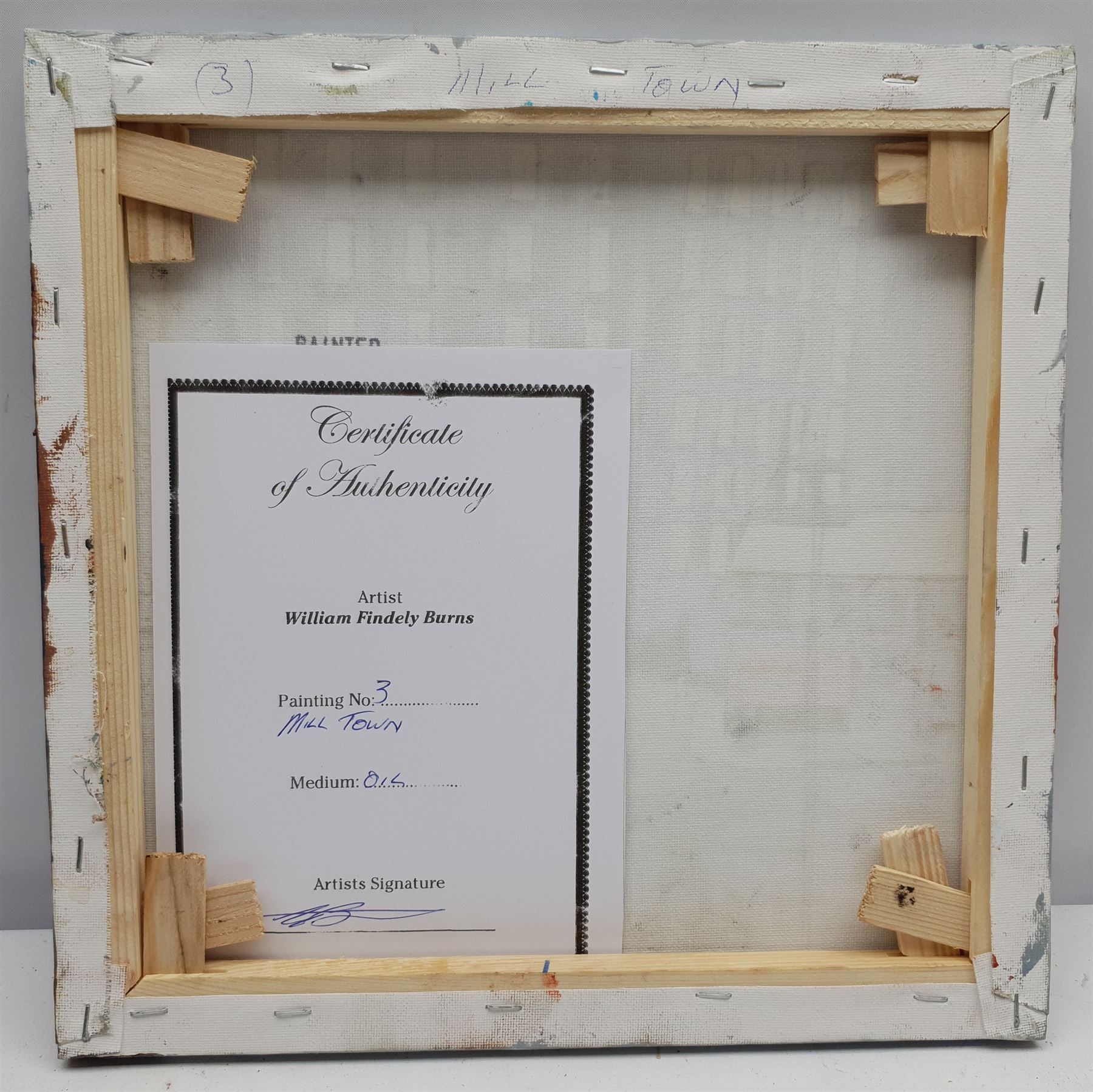 William Findley Burns (Northern British 1949-): 'Mill Town', oil on canvas signed, titled verso 30cm x 30cm (unframed)