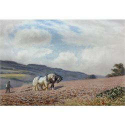 Joseph Kirkpatrick (British 1872-1930): 'Horses Harrowing the South Downs near Arundel Sussex', watercolour signed, titled verso 17.5cm x 25cm