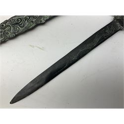 Patinated 'bronze' fantasy dagger, the 26cm blade, hilt and scabbard cast with dragons L50cm overall; hand forged iron spearhead L29.5cm; and a stiletto blade (3)