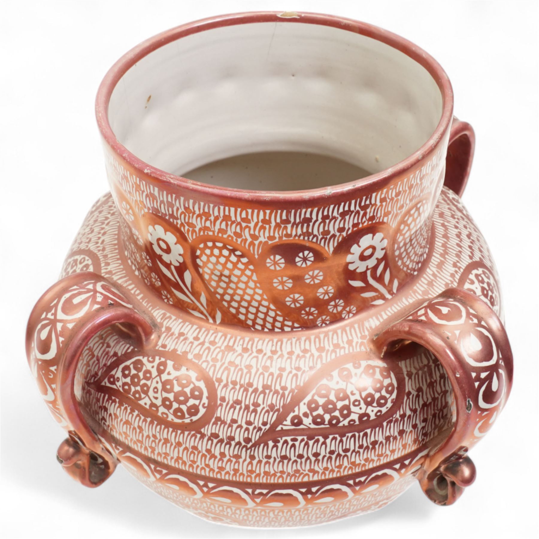 Hispano-Moresque copper four-handled lustre vase, decorated with repeating leaf and foliate patterns, H30cm 