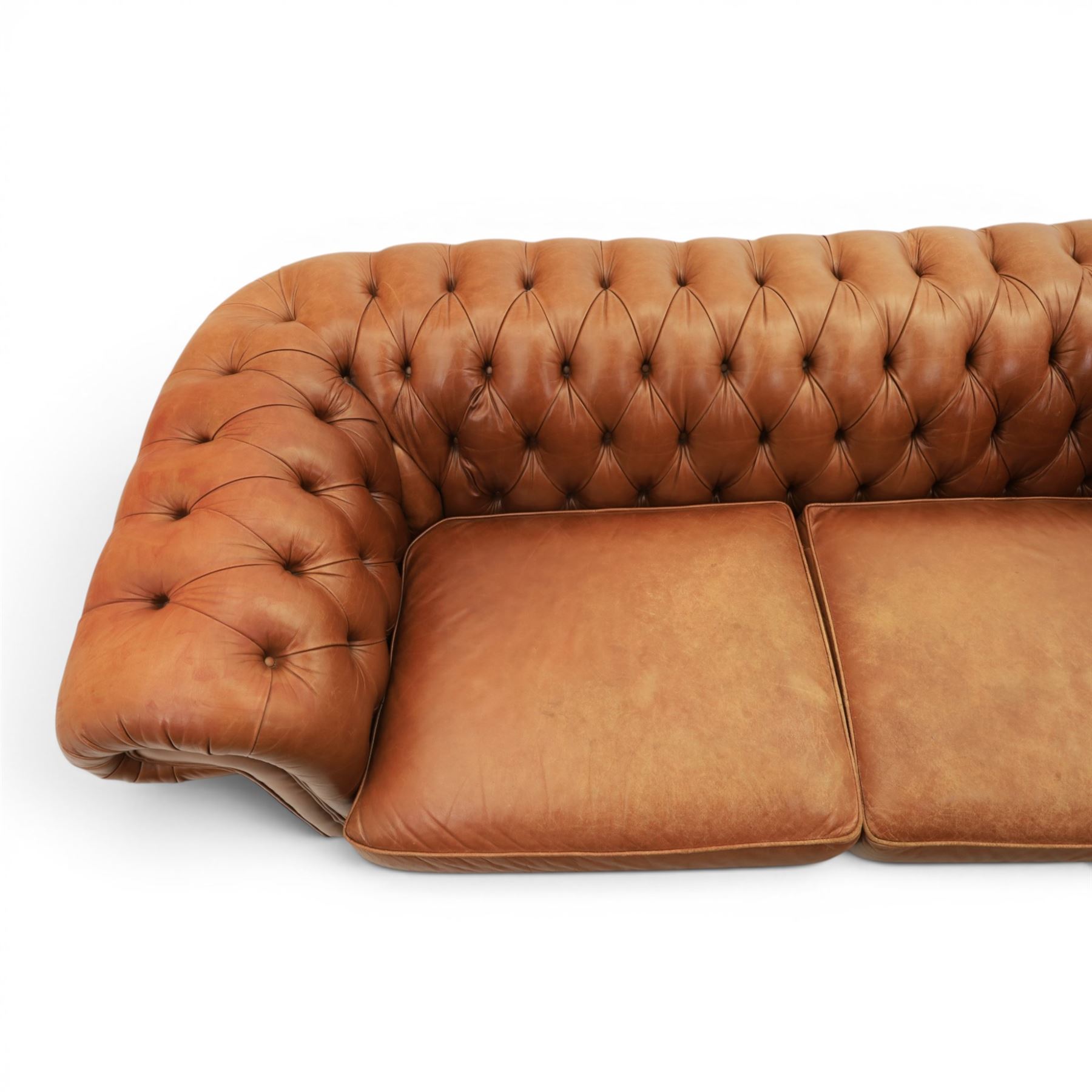 Springvale - Large three seat Chesterfield sofa, upholstered in buttoned tan leather, two cushion deep seat, turned bun feet