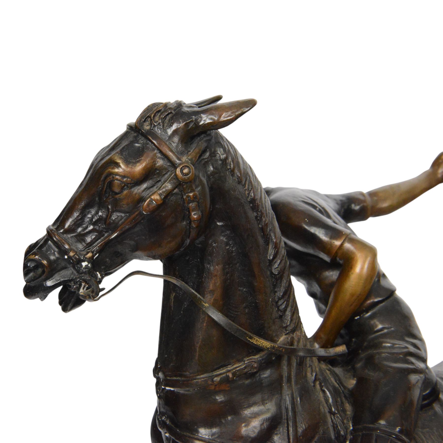 20th century spelter figure of a mounted polo player, upon a marble base, H60cm